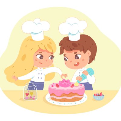 Kids making cake at home. Little girl and boy in hat and apron decorating cake with pink icing and cream, young happy chefs preparing sweet food in kitchen.